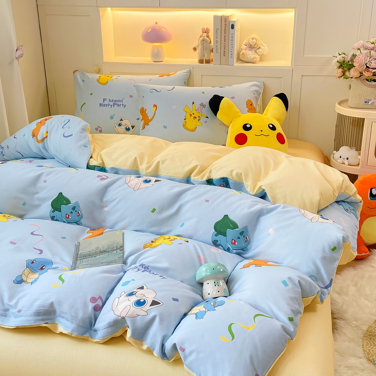 91家纺网 家纺一手货源 找家纺 博雅 2025新款宝可梦皮卡丘成人床正版授权全棉四件套 喷火龙与皮卡丘