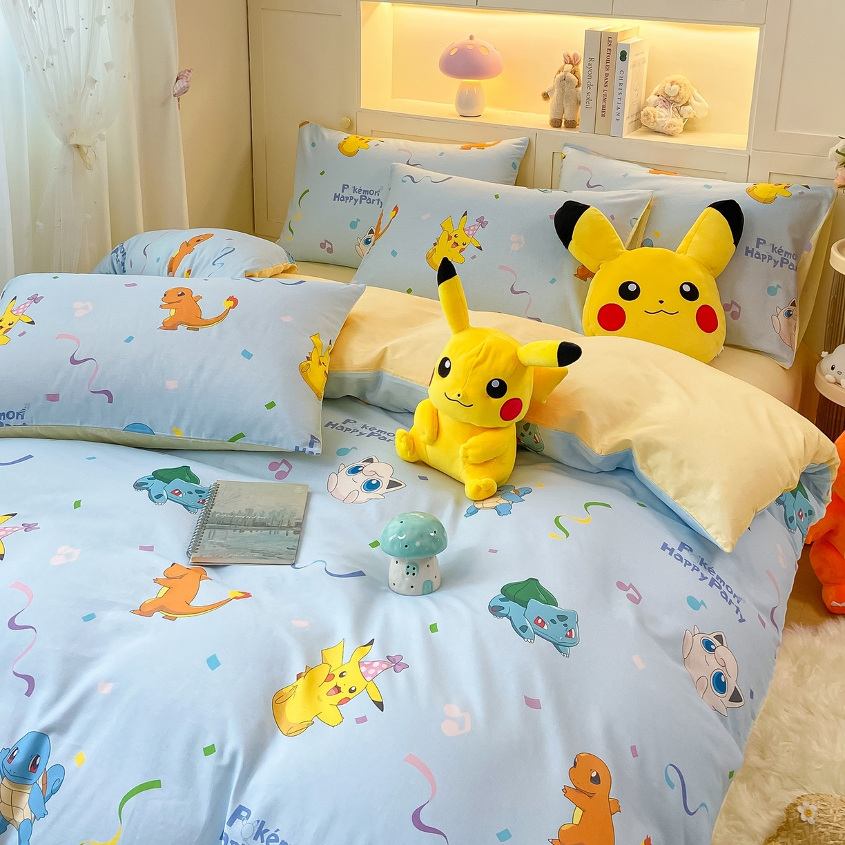 91家纺网 家纺一手货源 找家纺 博雅 2025新款宝可梦皮卡丘成人床正版授权全棉四件套 喷火龙与皮卡丘