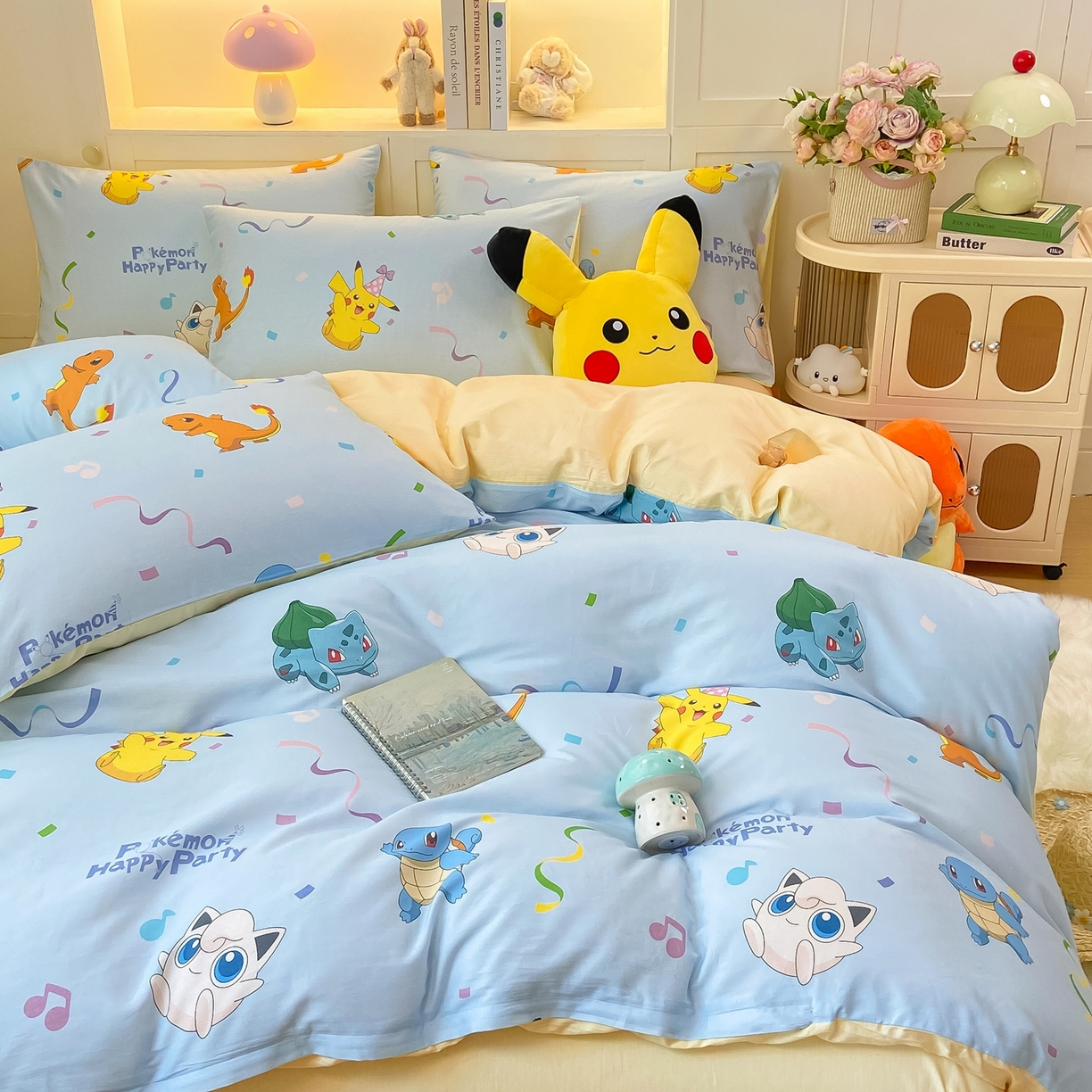 91家纺网 家纺一手货源 找家纺 博雅 2025新款宝可梦皮卡丘成人床正版授权全棉四件套 喷火龙与皮卡丘