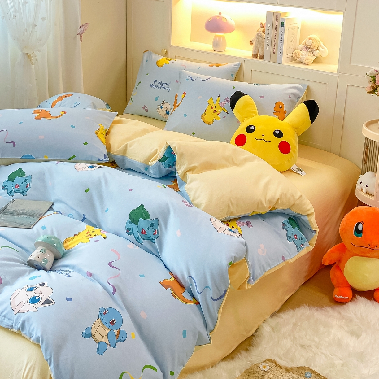 91家纺网 家纺一手货源 找家纺 博雅 2025新款宝可梦皮卡丘成人床正版授权全棉四件套 喷火龙与皮卡丘