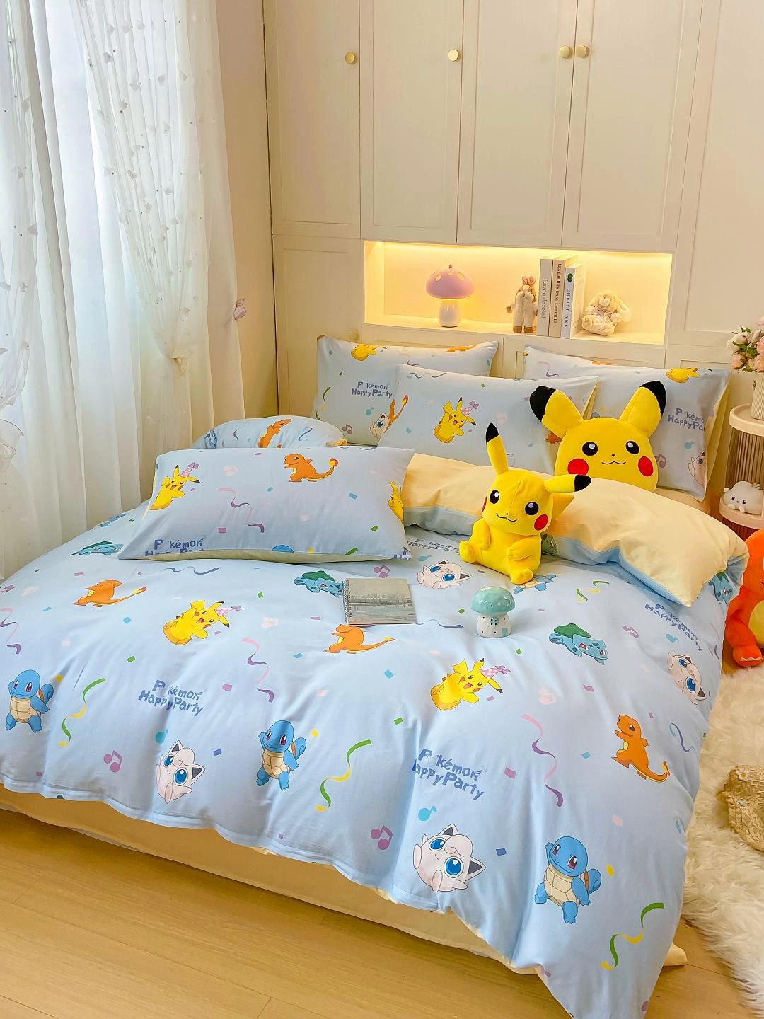 91家纺网 家纺一手货源 找家纺 博雅 2025新款宝可梦皮卡丘成人床正版授权全棉四件套 喷火龙与皮卡丘