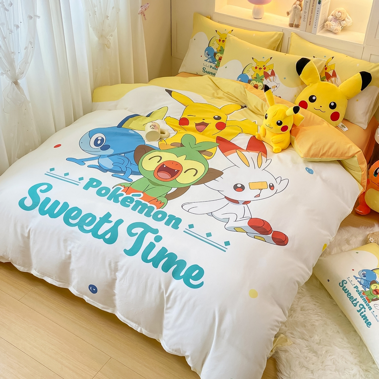 91家纺网 家纺一手货源 找家纺 博雅 2025新款宝可梦皮卡丘成人床正版授权全棉四件套 皮卡丘家族