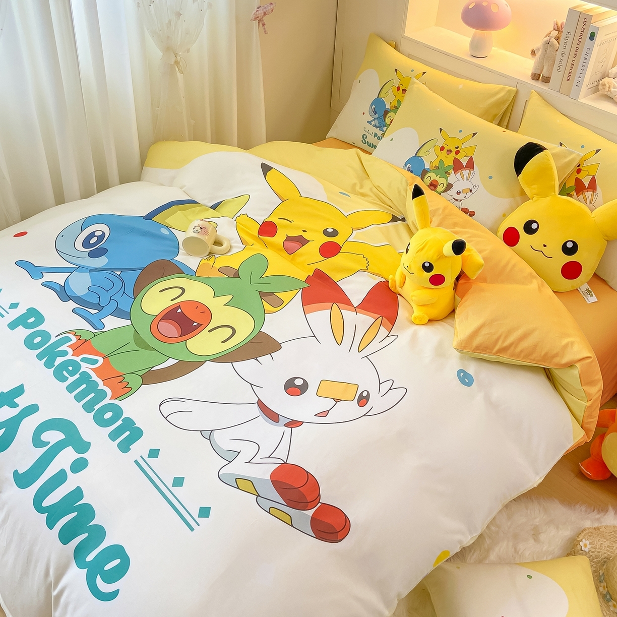 91家纺网 家纺一手货源 找家纺 博雅 2025新款宝可梦皮卡丘成人床正版授权全棉四件套 皮卡丘家族