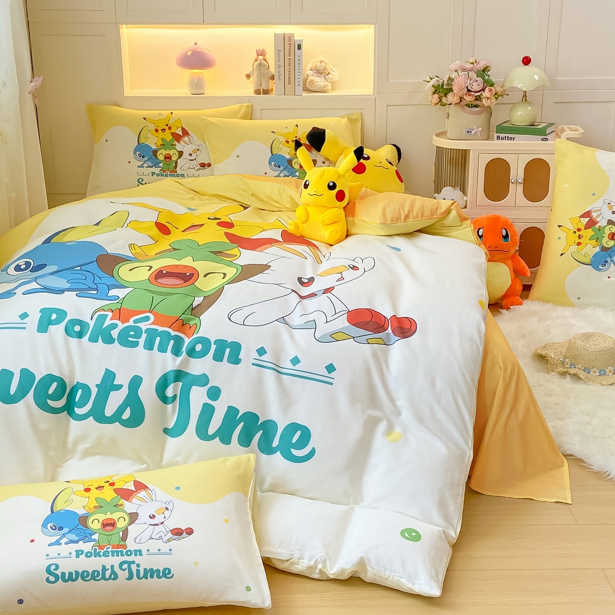 91家纺网 家纺一手货源 找家纺 博雅 2025新款宝可梦皮卡丘成人床正版授权全棉四件套 皮卡丘家族