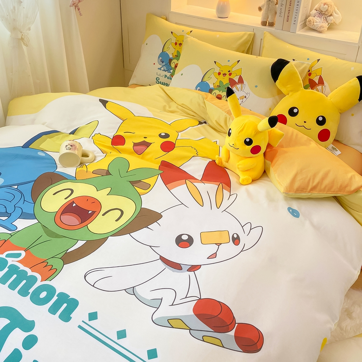 91家纺网 家纺一手货源 找家纺 博雅 2025新款宝可梦皮卡丘成人床正版授权全棉四件套 皮卡丘家族