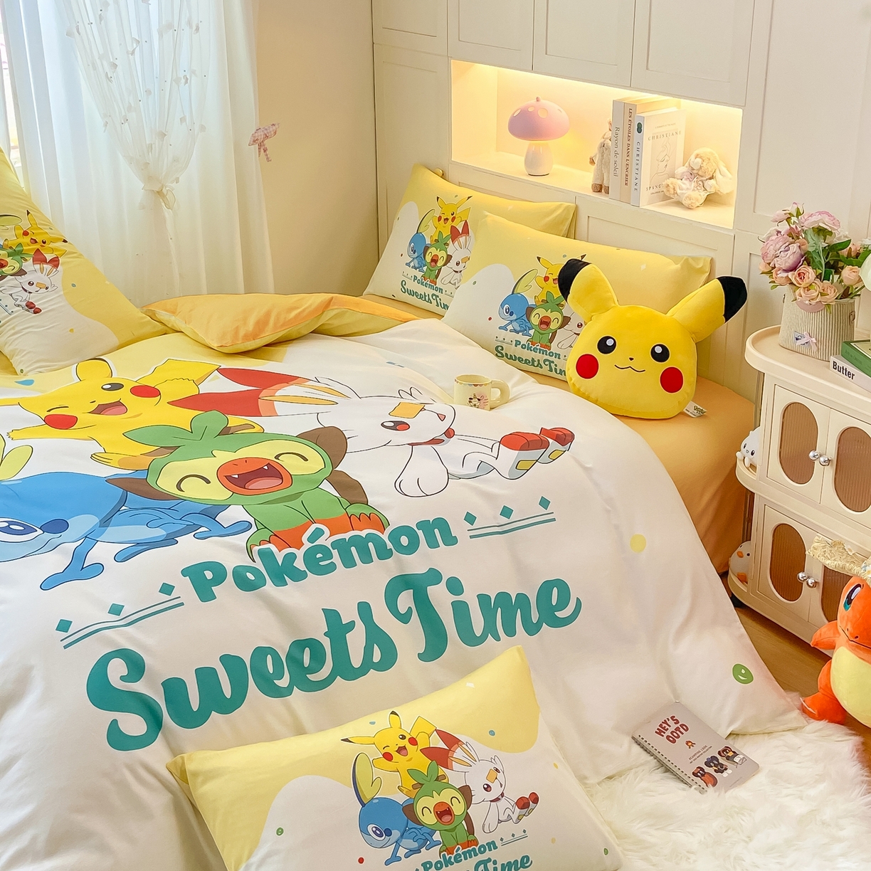 91家纺网 家纺一手货源 找家纺 博雅 2025新款宝可梦皮卡丘成人床正版授权全棉四件套 皮卡丘家族