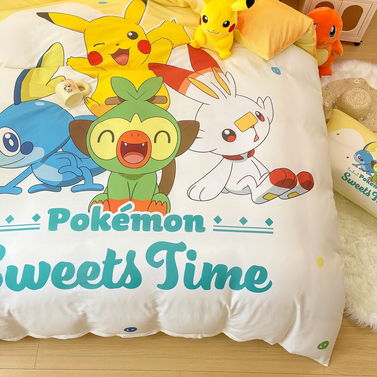 91家纺网 家纺一手货源 找家纺 博雅 2025新款宝可梦皮卡丘成人床正版授权全棉四件套 皮卡丘家族