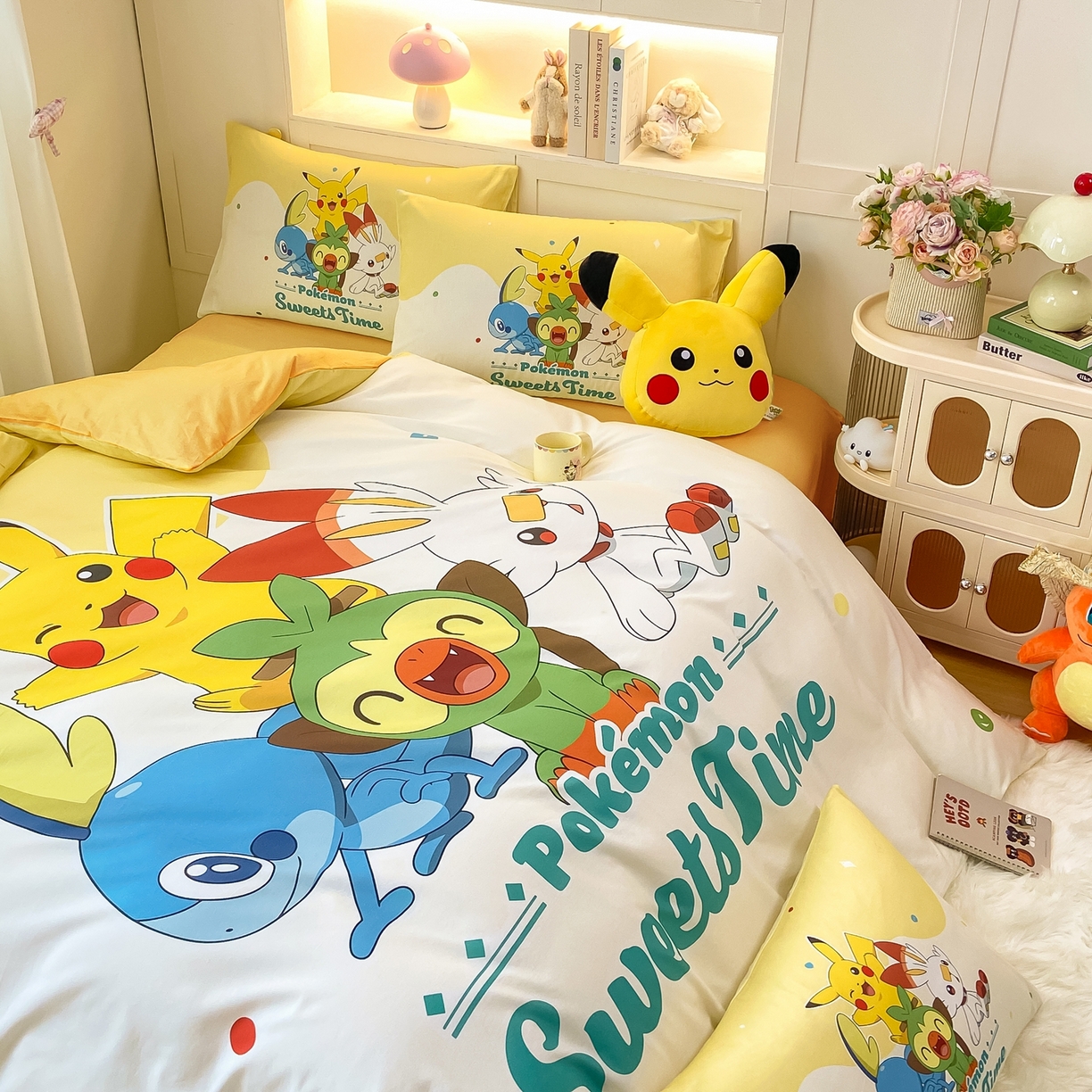 91家纺网 家纺一手货源 找家纺 博雅 2025新款宝可梦皮卡丘成人床正版授权全棉四件套 皮卡丘家族