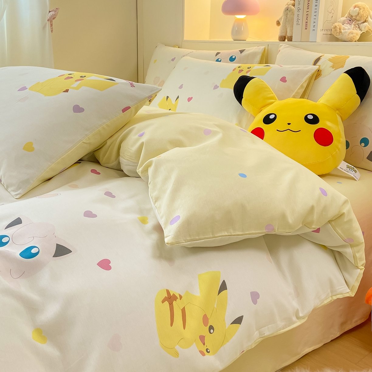 91家纺网 家纺一手货源 找家纺 博雅 2025新款宝可梦皮卡丘成人床正版授权全棉四件套 小心心皮卡丘