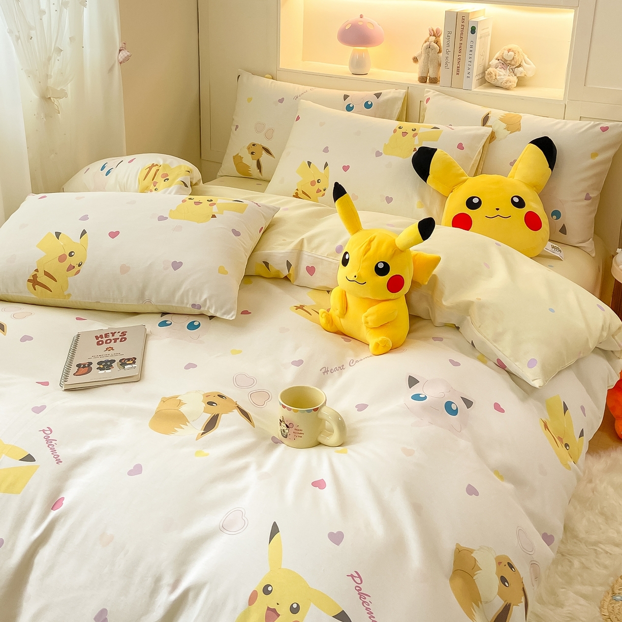 91家纺网 家纺一手货源 找家纺 博雅 2025新款宝可梦皮卡丘成人床正版授权全棉四件套 小心心皮卡丘