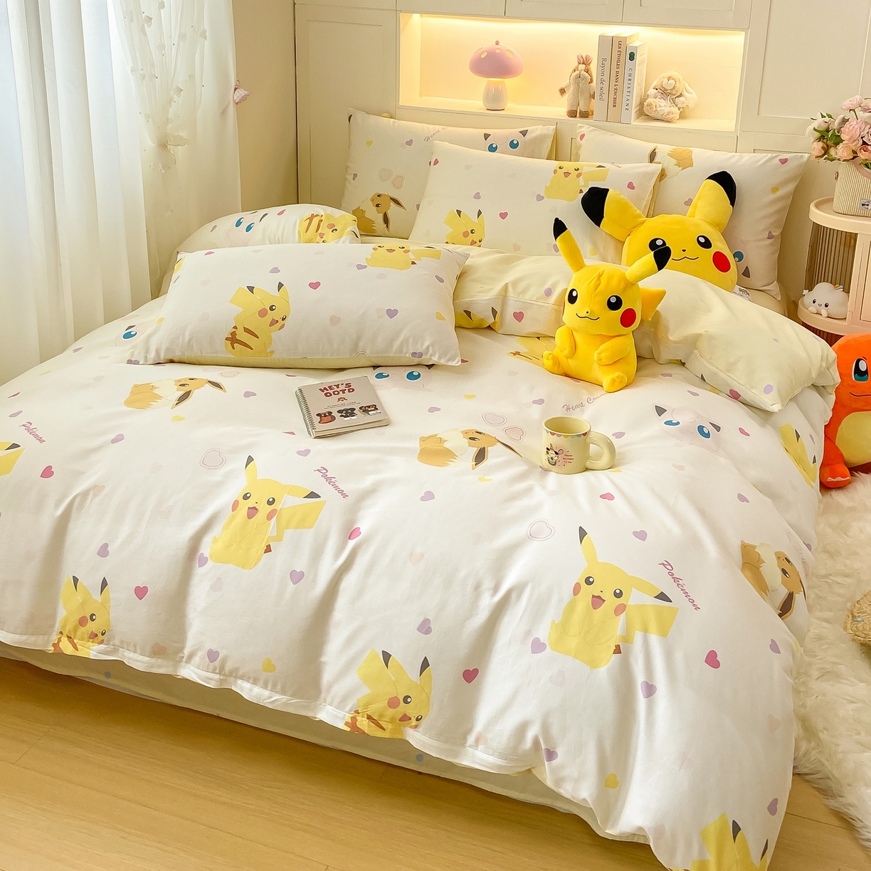 91家纺网 家纺一手货源 找家纺 博雅 2025新款宝可梦皮卡丘成人床正版授权全棉四件套 小心心皮卡丘