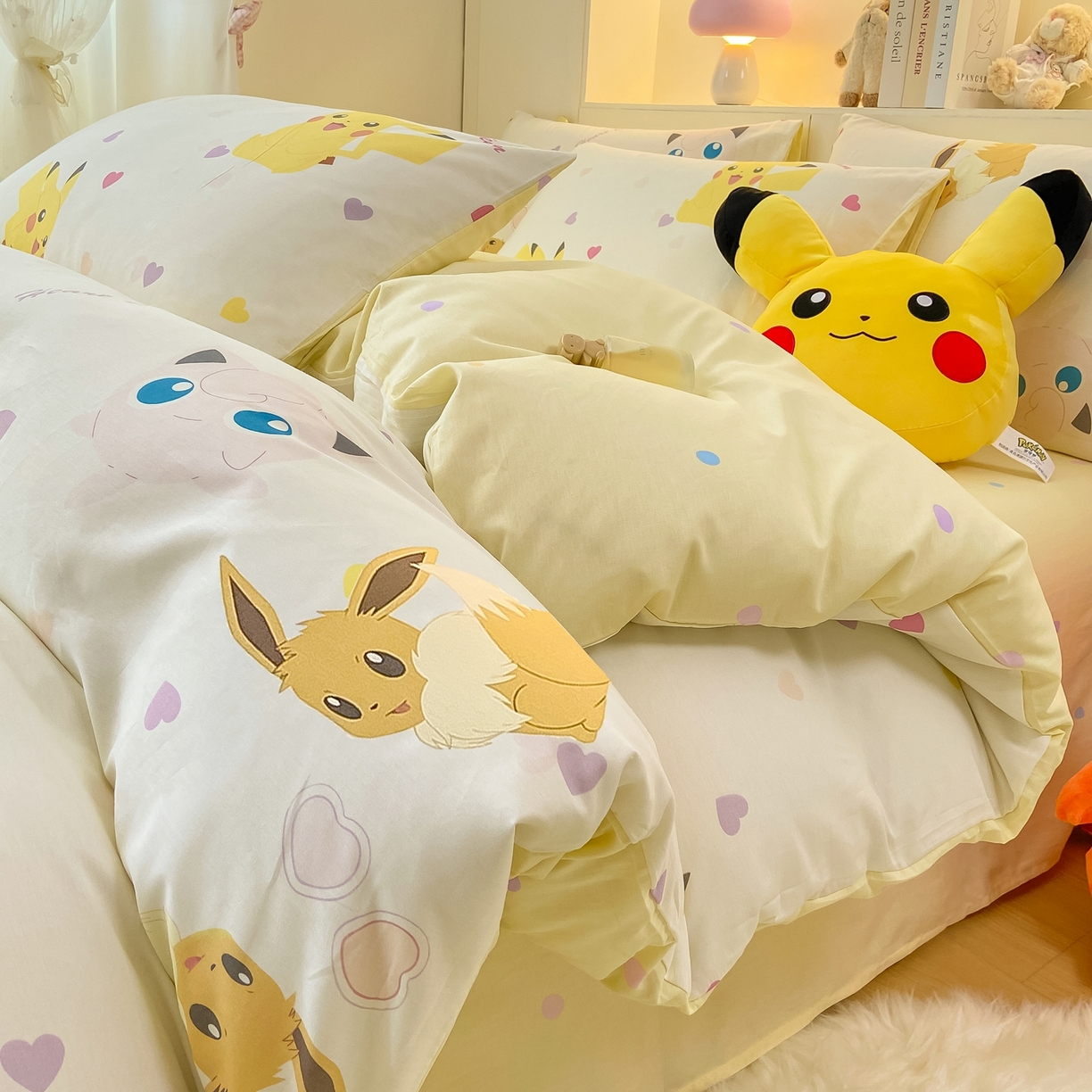 91家纺网 家纺一手货源 找家纺 博雅 2025新款宝可梦皮卡丘成人床正版授权全棉四件套 小心心皮卡丘