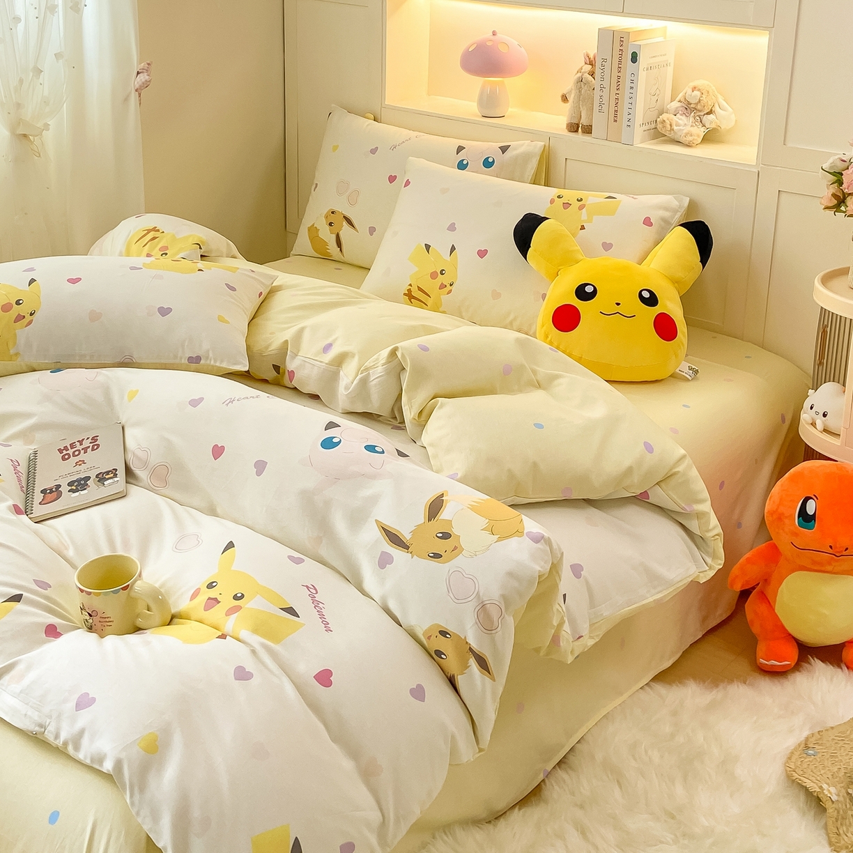 91家纺网 家纺一手货源 找家纺 博雅 2025新款宝可梦皮卡丘成人床正版授权全棉四件套 小心心皮卡丘