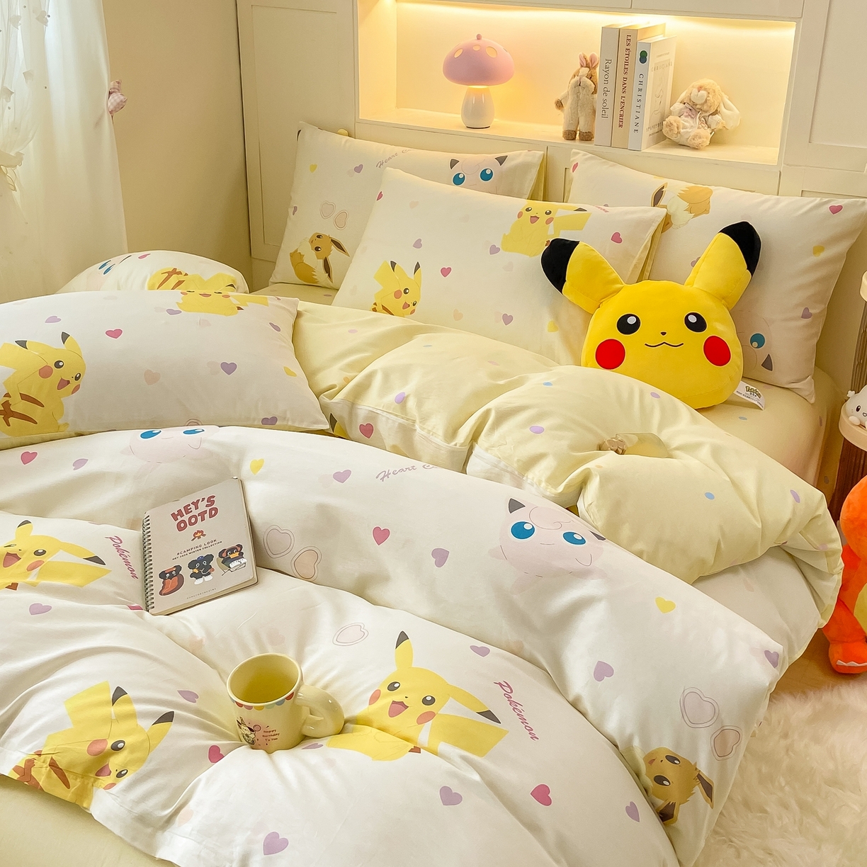 91家纺网 家纺一手货源 找家纺 博雅 2025新款宝可梦皮卡丘成人床正版授权全棉四件套 小心心皮卡丘