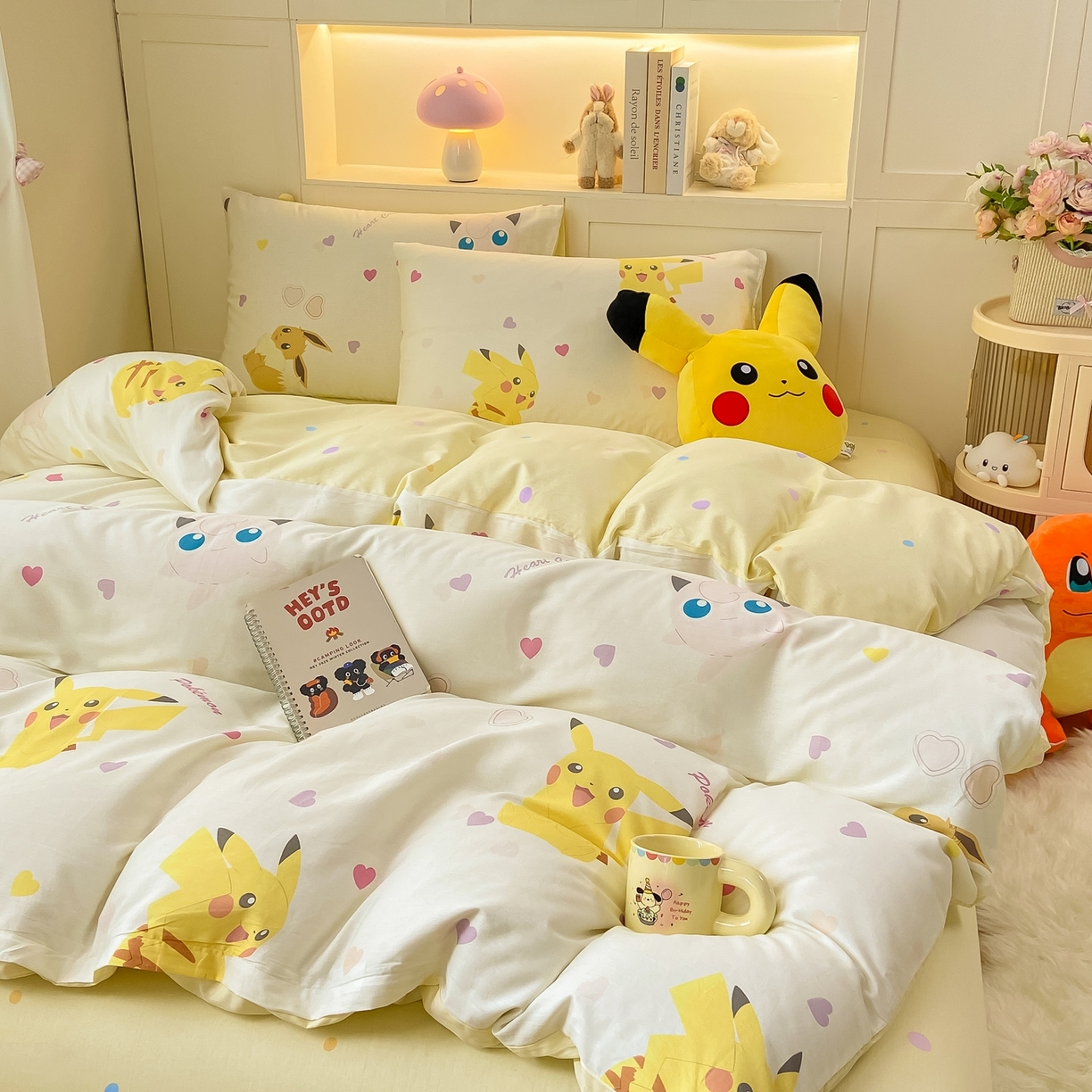 91家纺网 家纺一手货源 找家纺 博雅 2025新款宝可梦皮卡丘成人床正版授权全棉四件套 小心心皮卡丘
