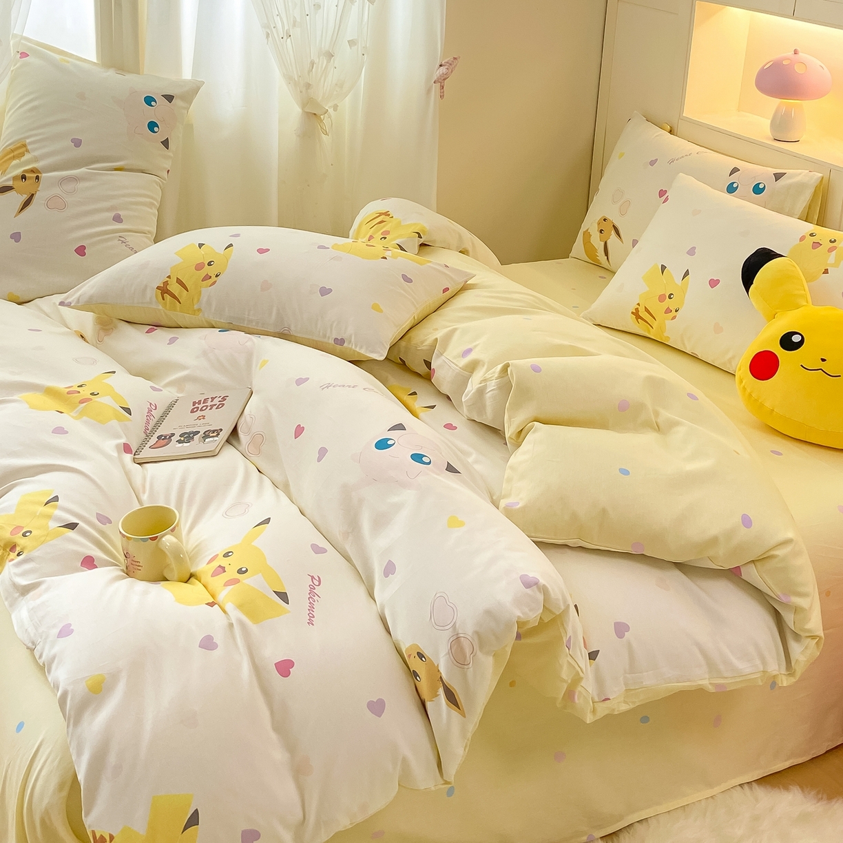 91家纺网 家纺一手货源 找家纺 博雅 2025新款宝可梦皮卡丘成人床正版授权全棉四件套 小心心皮卡丘