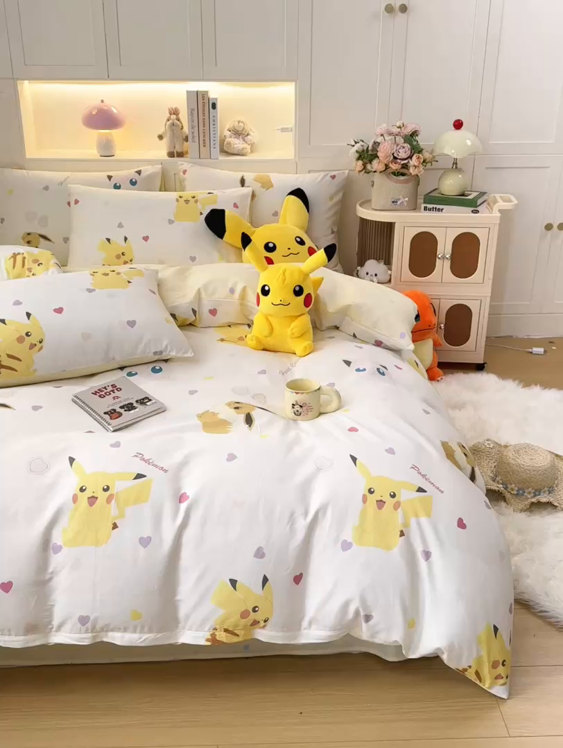 91家纺网 家纺一手货源 找家纺 博雅 2025新款宝可梦皮卡丘成人床正版授权全棉四件套 小心心皮卡丘