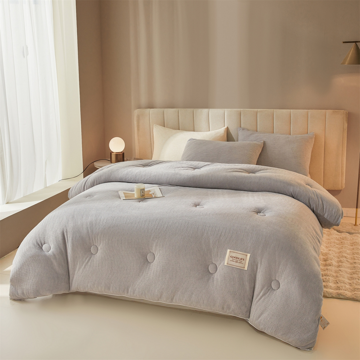 91家纺网 家纺一手货源 找家纺 雯豆家纺 2025秋冬新款加厚皱皱绒被子冬被高档被芯双人单人被子 皱皱绒冬被-高级灰