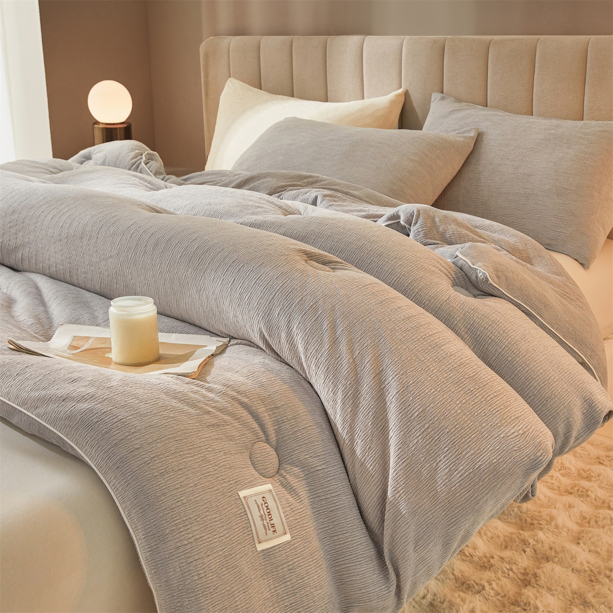 91家纺网 家纺一手货源 找家纺 雯豆家纺 2025秋冬新款加厚皱皱绒被子冬被高档被芯双人单人被子 皱皱绒冬被-高级灰