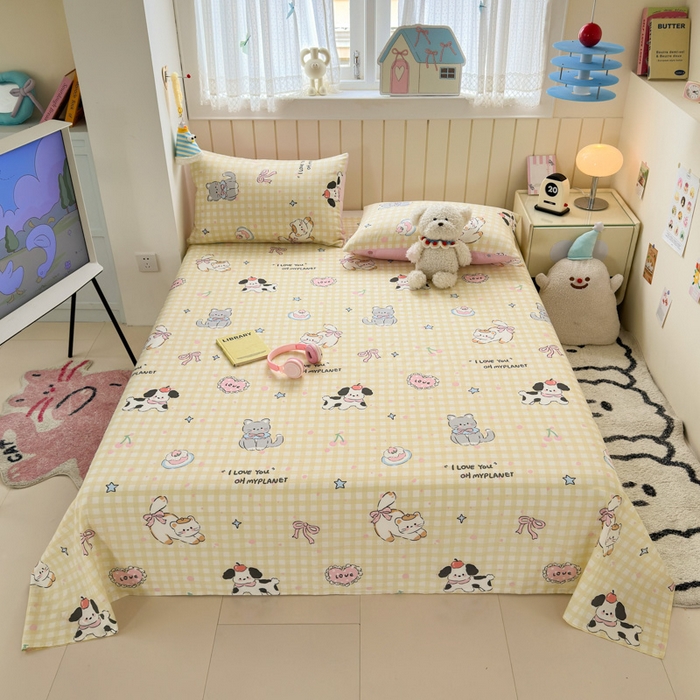 91家纺网 家纺一手货源 找家纺 典曼家纺 2025新款40支学生季卡通印花床单单床单床单单件 格子猫