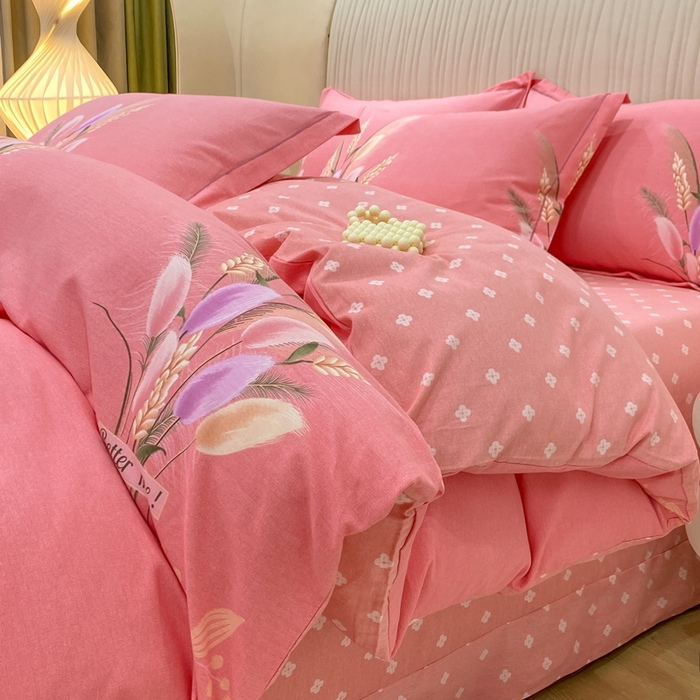 91家纺网 家纺一手货源 找家纺 红日子纺织品 2025新款100%全棉纯棉磨毛四件套 麦浪粉