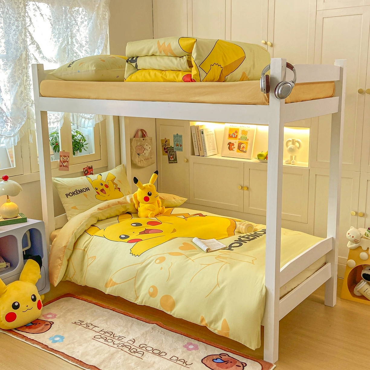 91家纺网 家纺一手货源 找家纺 博雅 2025新款宝可梦皮卡丘正版授权上下铺套件 开心皮卡丘