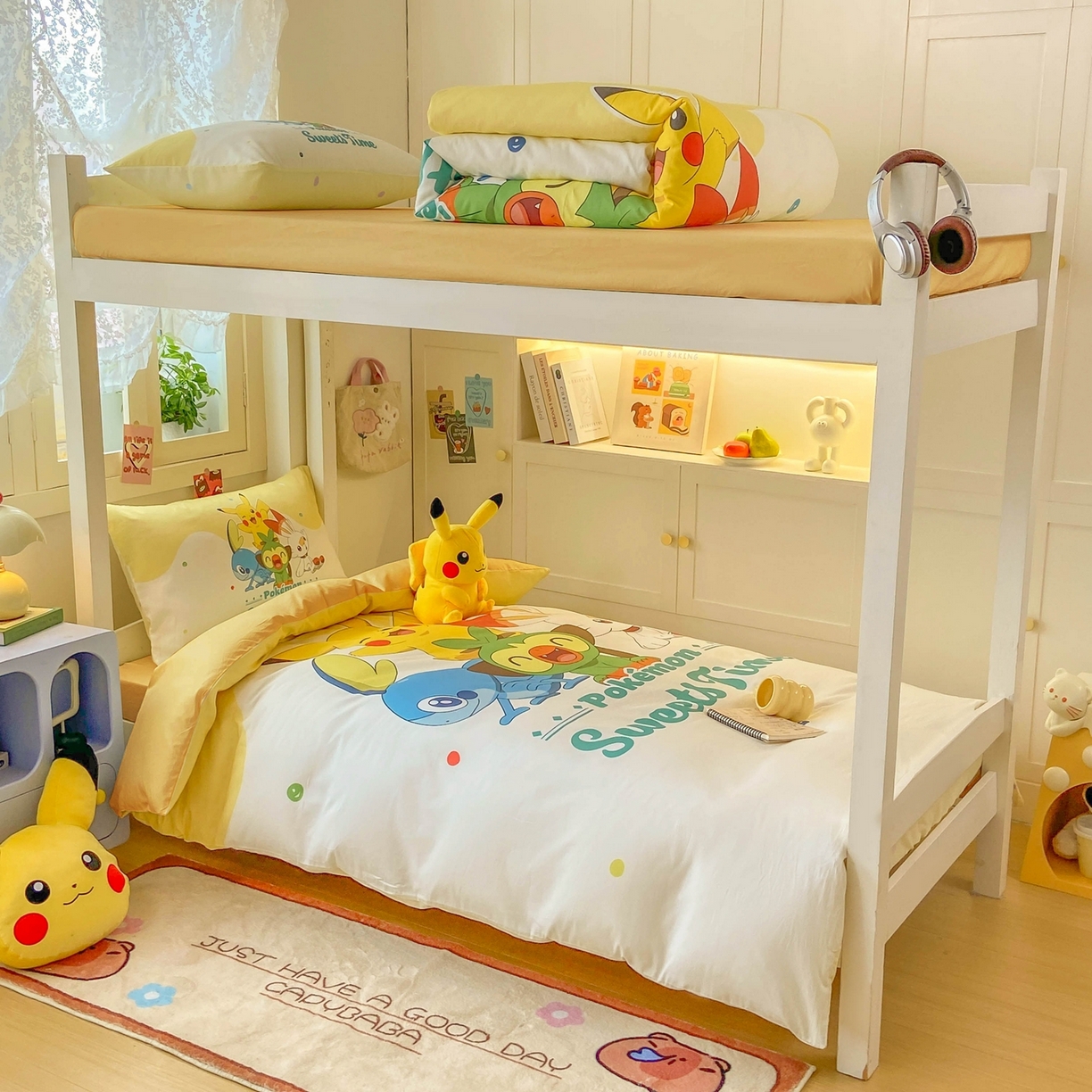 91家纺网 家纺一手货源 找家纺 博雅 2025新款宝可梦皮卡丘正版授权上下铺套件 皮卡丘家族