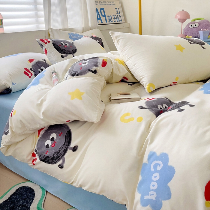 91家纺网 家纺一手货源 找家纺 2025开学季新款学生宿舍三件套被套小清新卡通超柔水洗云朵棉四件套 黑煤球