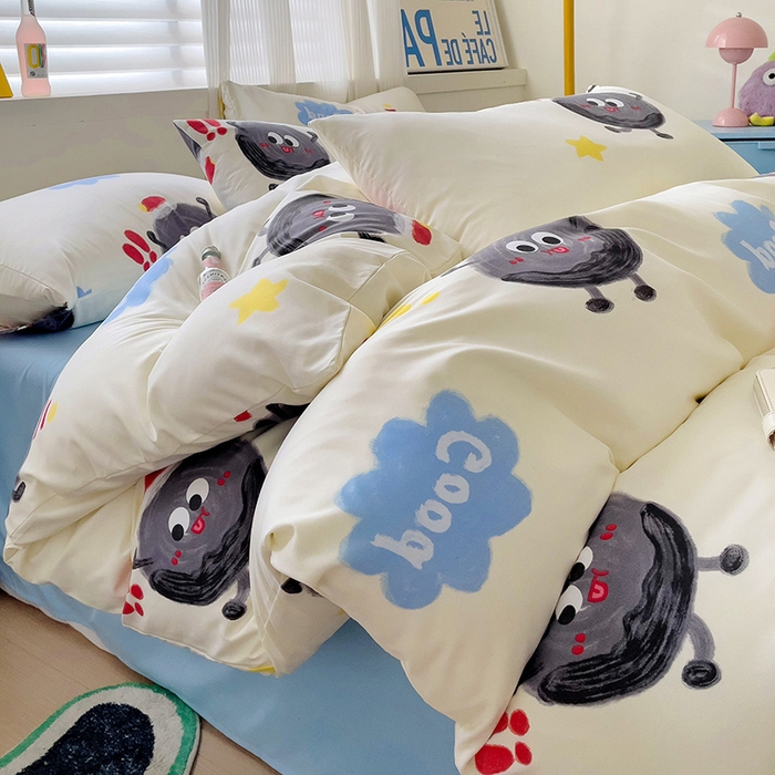 91家纺网 家纺一手货源 找家纺 2025开学季新款学生宿舍三件套被套小清新卡通超柔水洗云朵棉四件套 黑煤球