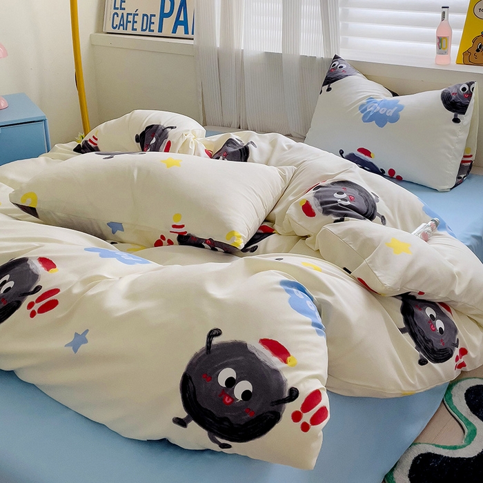 91家纺网 家纺一手货源 找家纺 2025开学季新款学生宿舍三件套被套小清新卡通超柔水洗云朵棉四件套 黑煤球