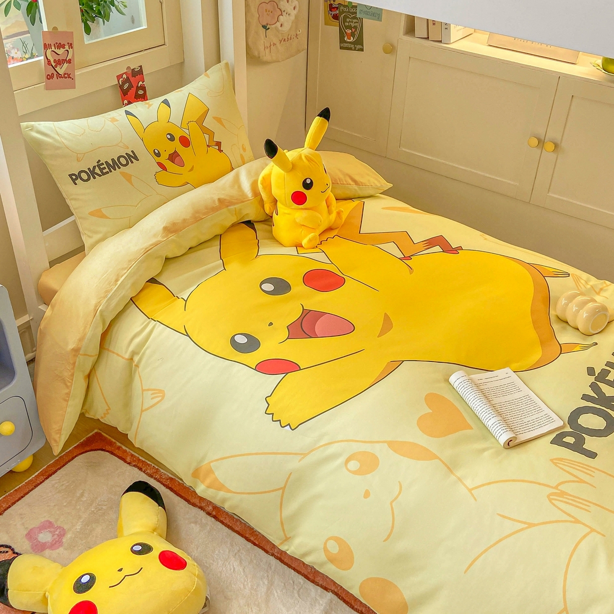 91家纺网 家纺一手货源 找家纺 博雅 2025新款宝可梦皮卡丘正版授权上下铺套件 开心皮卡丘