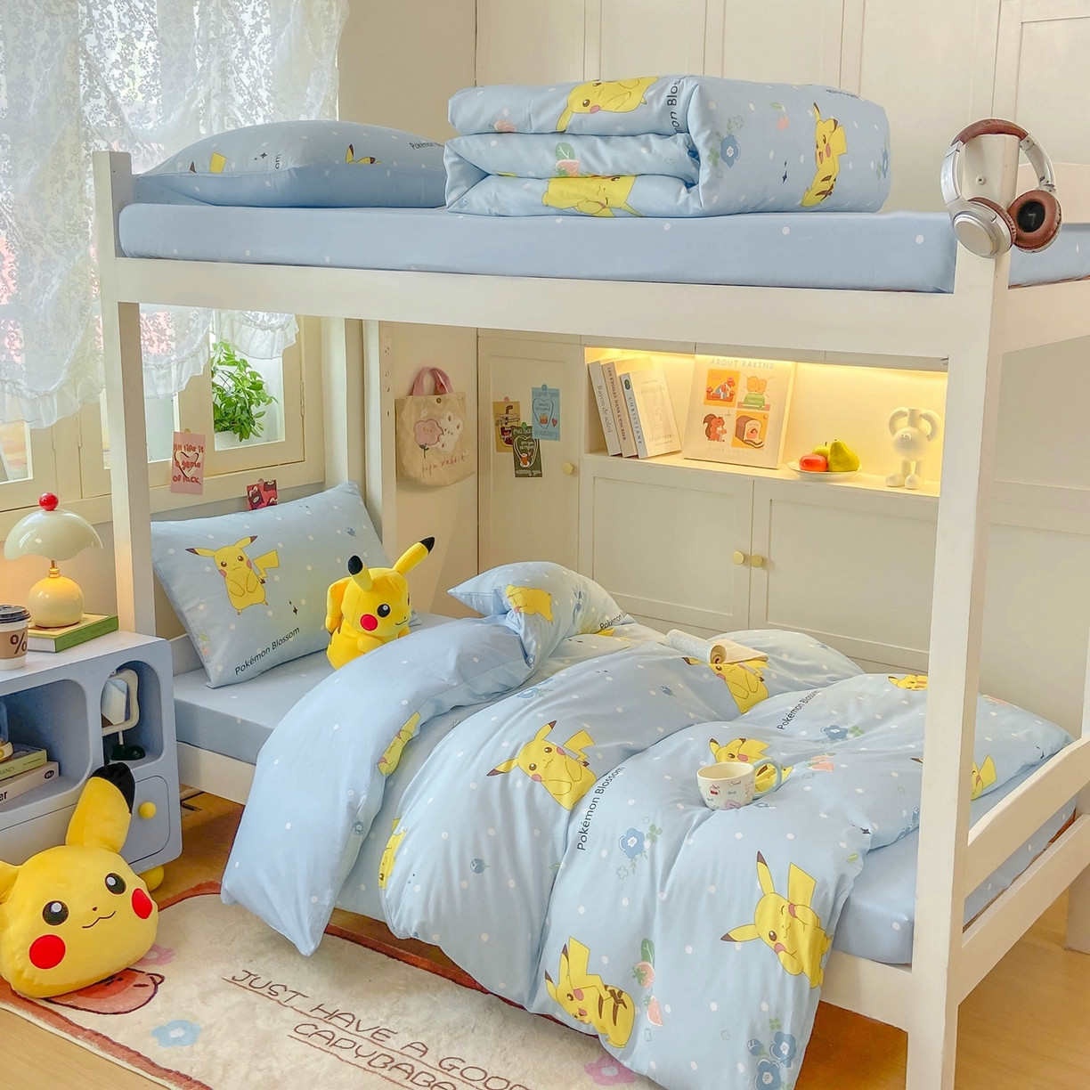 91家纺网 家纺一手货源 找家纺 博雅 2025新款宝可梦皮卡丘正版授权上下铺套件 蓝色点点皮卡丘