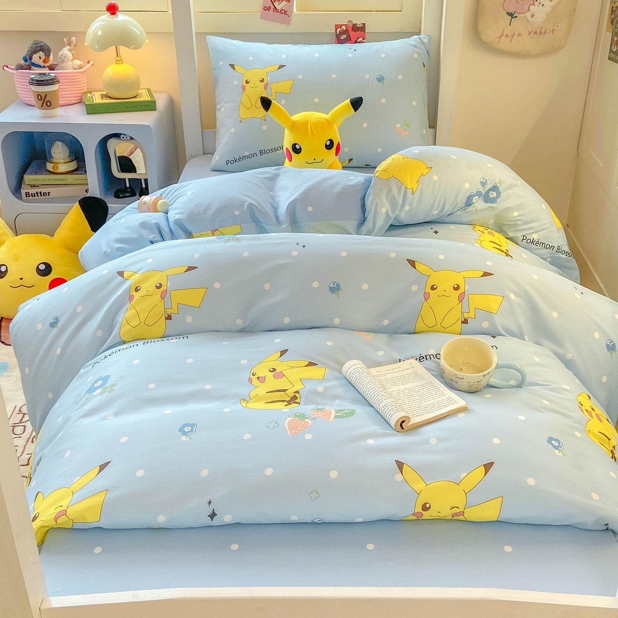 91家纺网 家纺一手货源 找家纺 博雅 2025新款宝可梦皮卡丘正版授权上下铺套件 蓝色点点皮卡丘