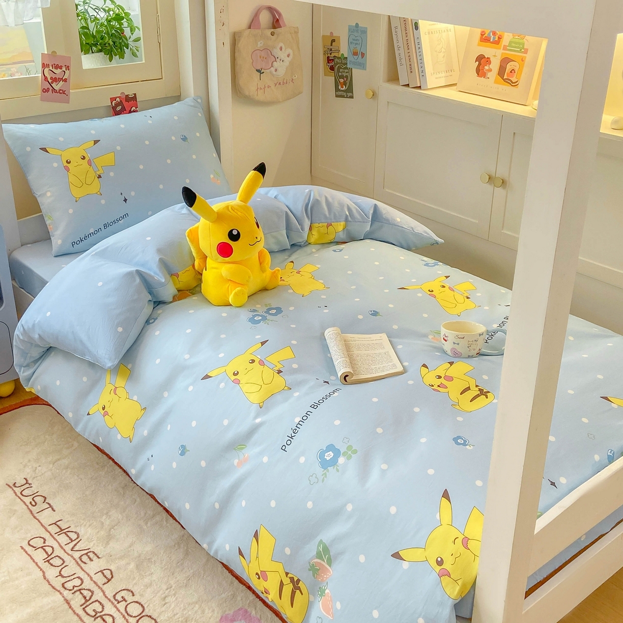 91家纺网 家纺一手货源 找家纺 博雅 2025新款宝可梦皮卡丘正版授权上下铺套件 蓝色点点皮卡丘