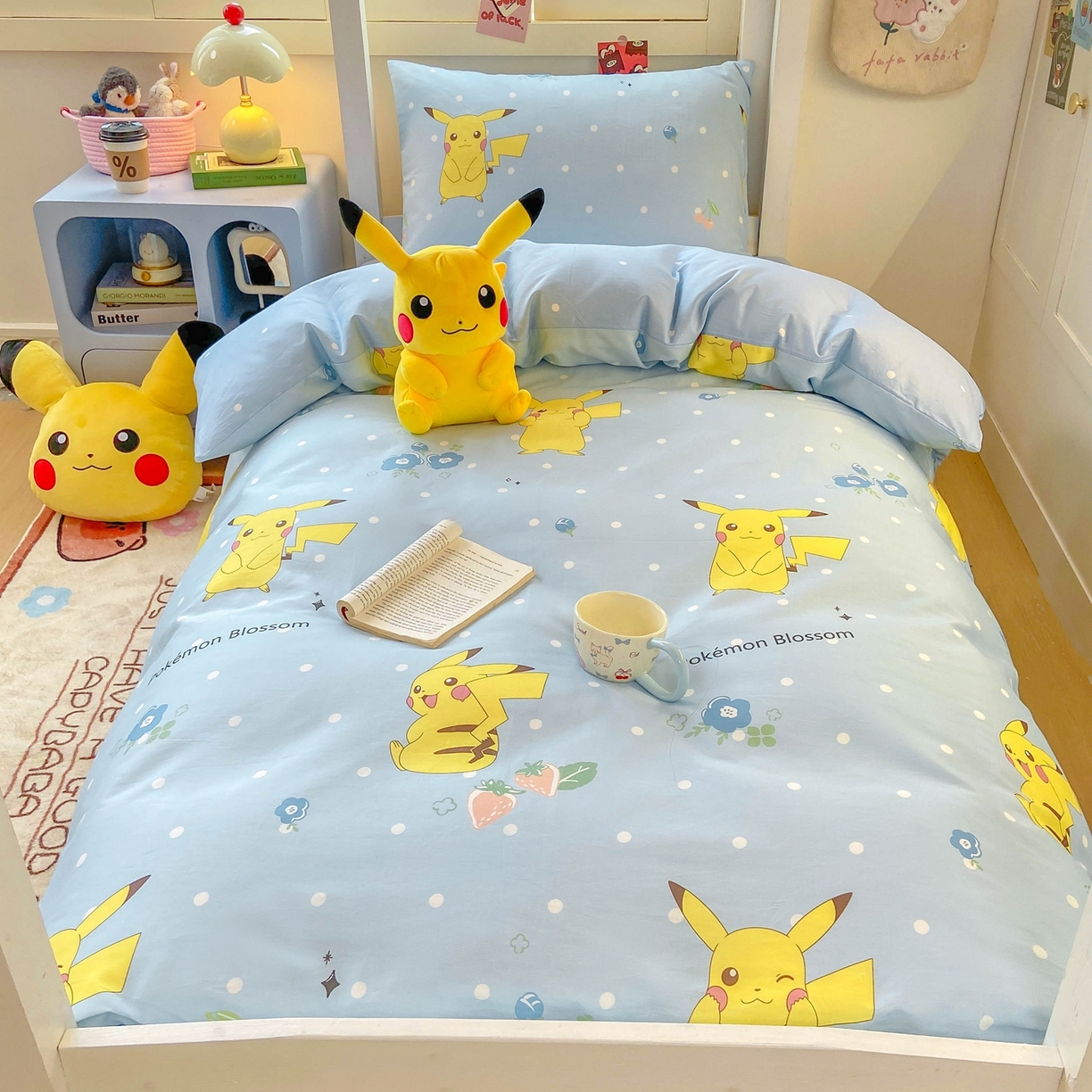 91家纺网 家纺一手货源 找家纺 博雅 2025新款宝可梦皮卡丘正版授权上下铺套件 蓝色点点皮卡丘