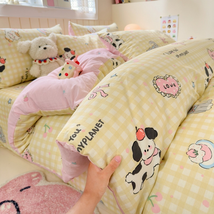 91家纺网 家纺一手货源 找家纺 典曼家纺 2025新款40支学生季卡通印花四件套 格子猫