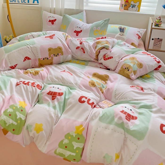 91家纺网 家纺一手货源 找家纺 2025开学季新款学生宿舍三件套被套小清新卡通超柔水洗云朵棉四件套 圣诞小伙伴