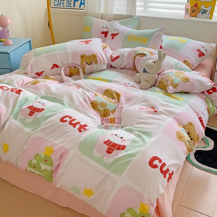 91家纺网 家纺一手货源 找家纺 2025开学季新款学生宿舍三件套被套小清新卡通超柔水洗云朵棉四件套 圣诞小伙伴