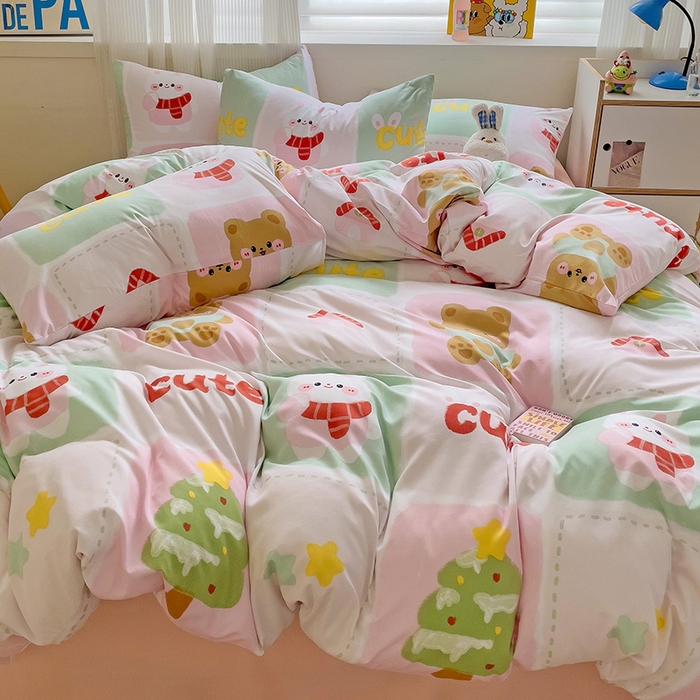 91家纺网 家纺一手货源 找家纺 2025开学季新款学生宿舍三件套被套小清新卡通超柔水洗云朵棉四件套 圣诞小伙伴