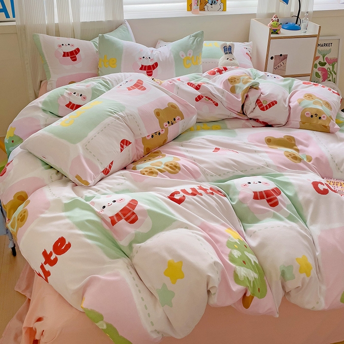 91家纺网 家纺一手货源 找家纺 2025开学季新款学生宿舍三件套被套小清新卡通超柔水洗云朵棉四件套 圣诞小伙伴