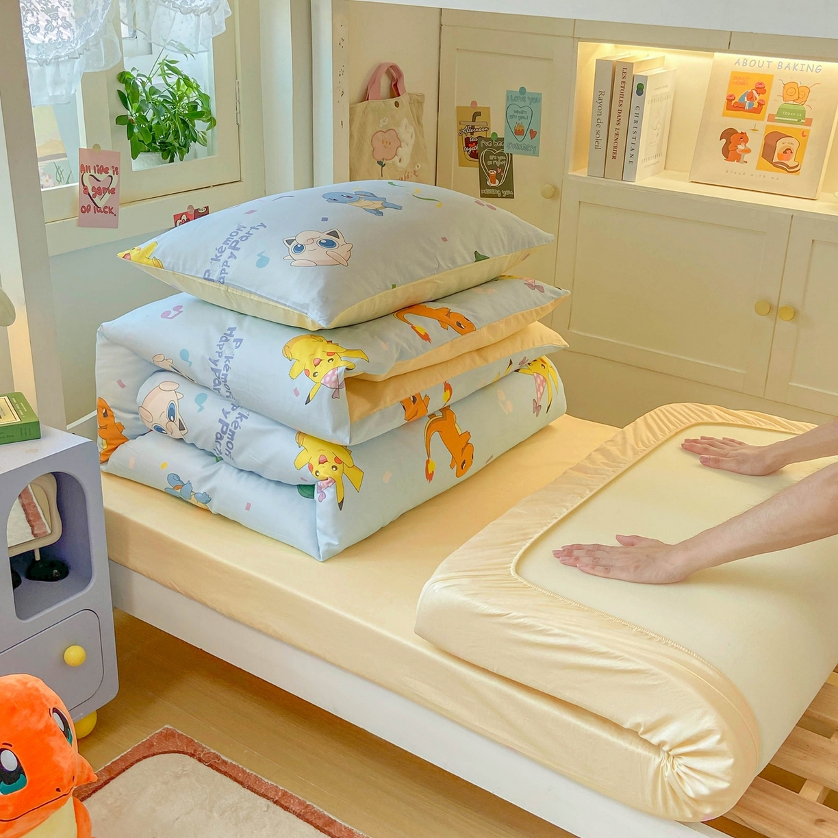 91家纺网 家纺一手货源 找家纺 博雅 2025新款宝可梦皮卡丘正版授权上下铺套件 喷火龙与皮卡丘