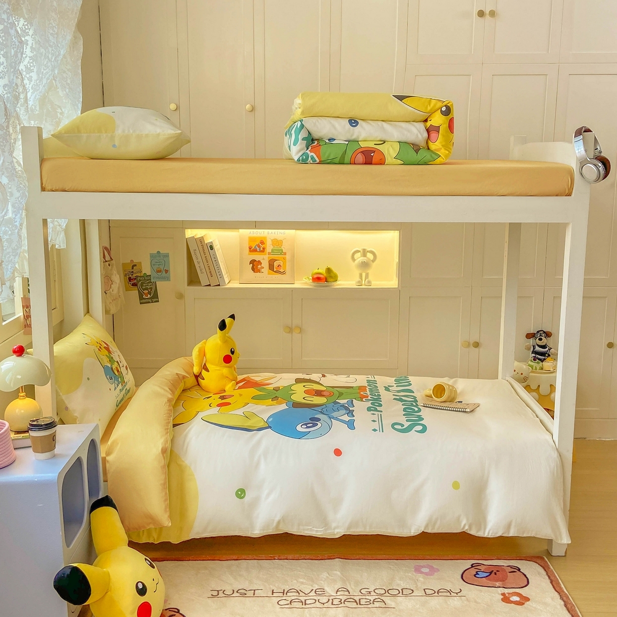 91家纺网 家纺一手货源 找家纺 博雅 2025新款宝可梦皮卡丘正版授权上下铺套件 皮卡丘家族