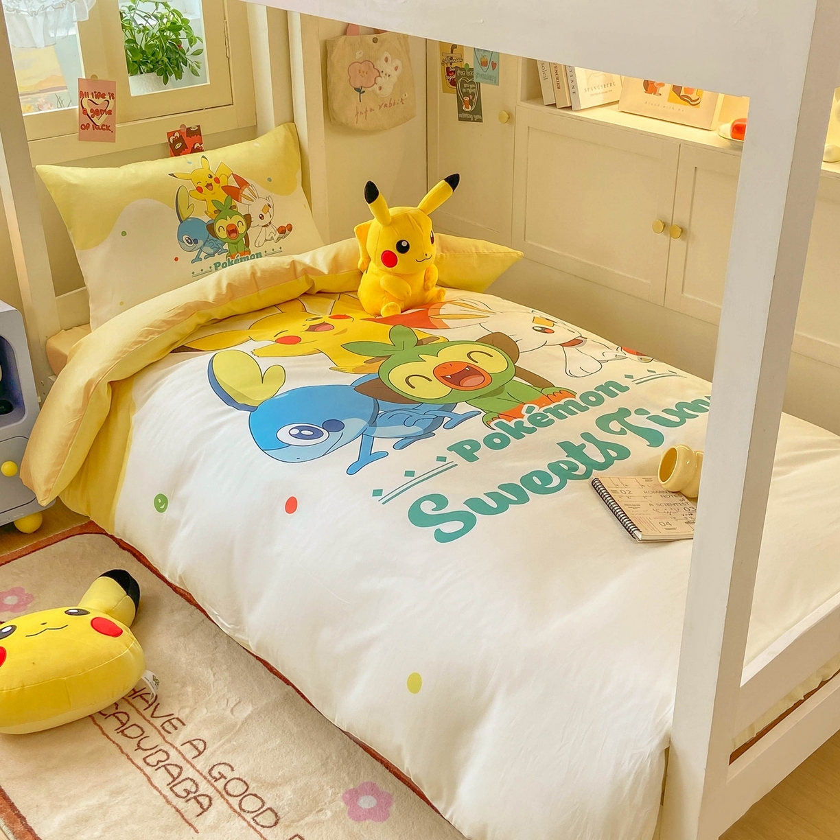91家纺网 家纺一手货源 找家纺 博雅 2025新款宝可梦皮卡丘正版授权上下铺套件 皮卡丘家族