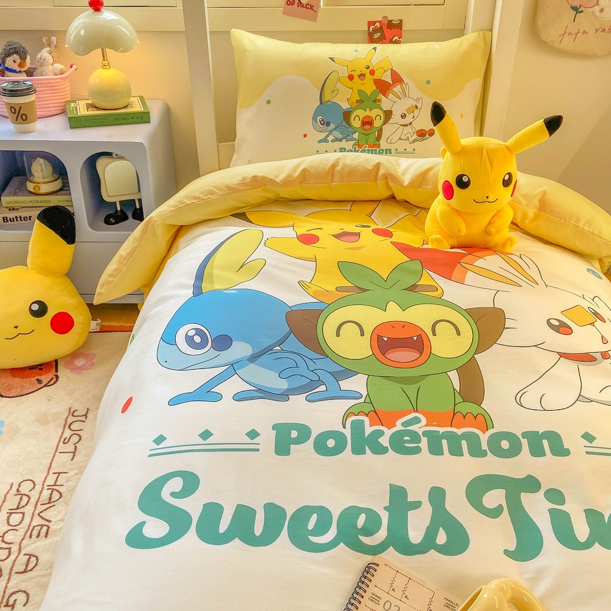 91家纺网 家纺一手货源 找家纺 博雅 2025新款宝可梦皮卡丘正版授权上下铺套件 皮卡丘家族