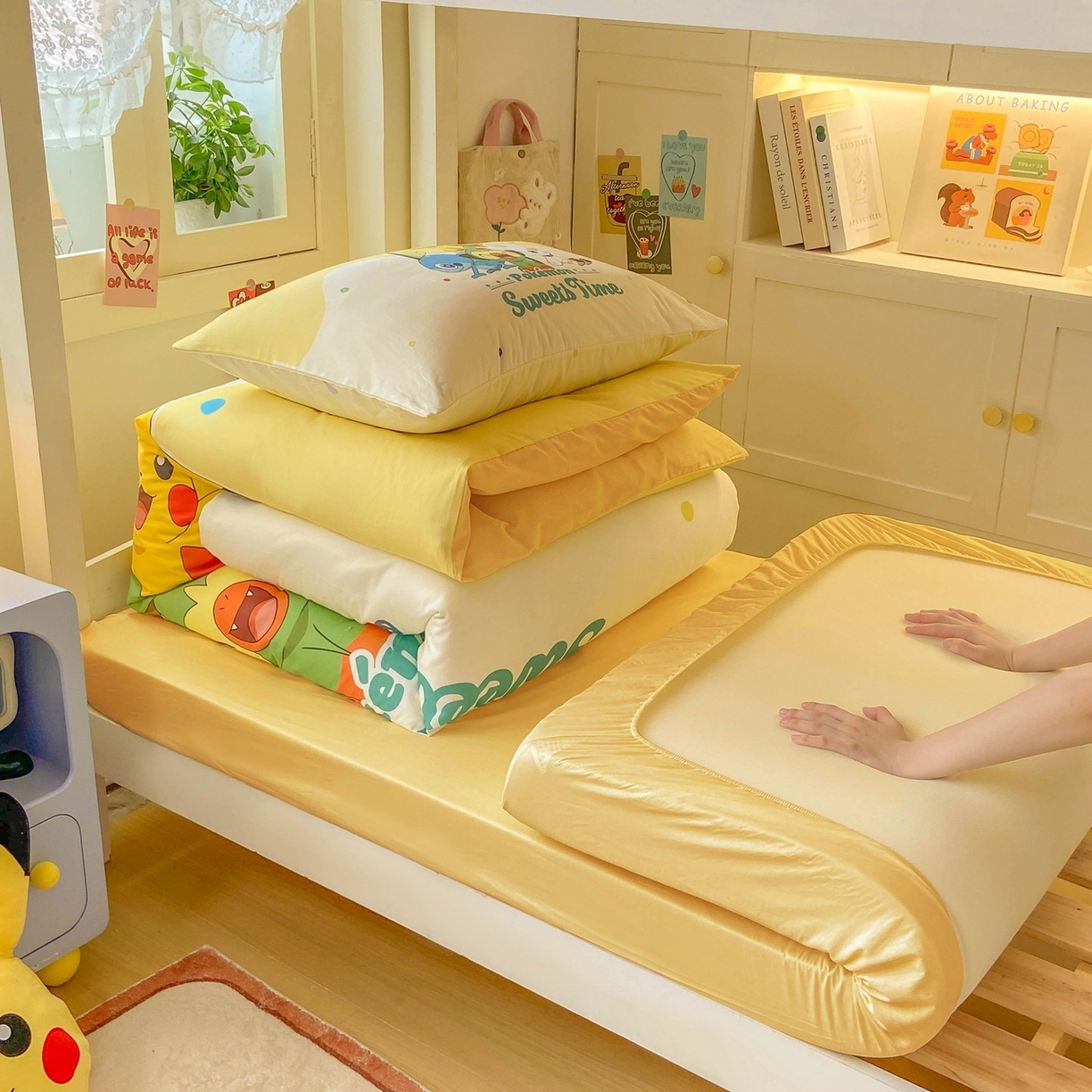 91家纺网 家纺一手货源 找家纺 博雅 2025新款宝可梦皮卡丘正版授权上下铺套件 皮卡丘家族