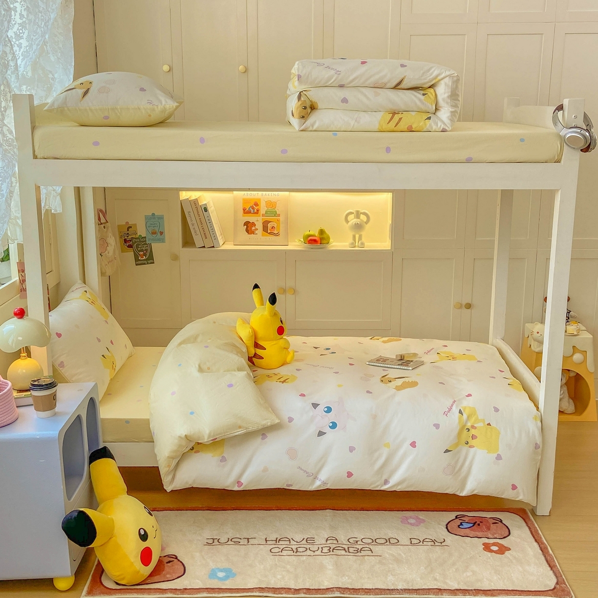 91家纺网 家纺一手货源 找家纺 博雅 2025新款宝可梦皮卡丘正版授权上下铺套件 小心心皮卡丘