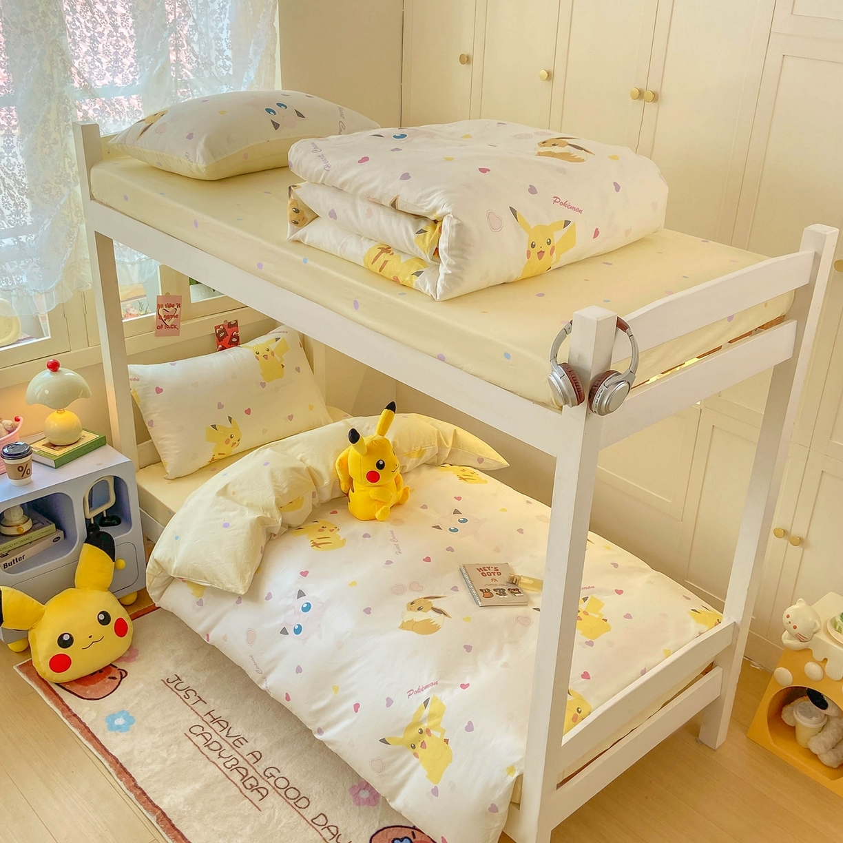 91家纺网 家纺一手货源 找家纺 博雅 2025新款宝可梦皮卡丘正版授权上下铺套件 小心心皮卡丘