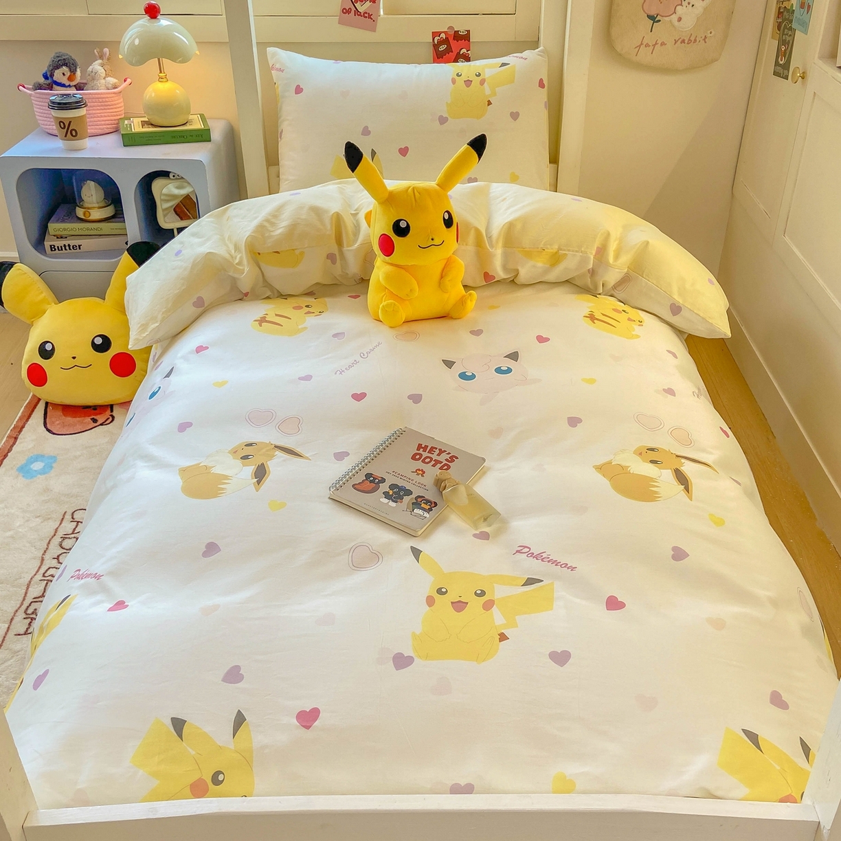 91家纺网 家纺一手货源 找家纺 博雅 2025新款宝可梦皮卡丘正版授权上下铺套件 小心心皮卡丘