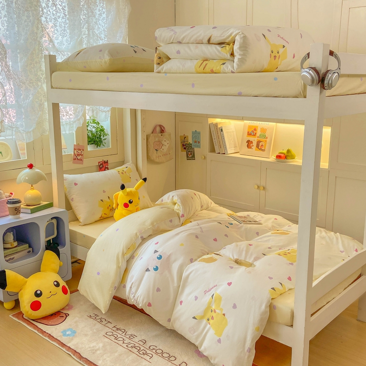 91家纺网 家纺一手货源 找家纺 博雅 2025新款宝可梦皮卡丘正版授权上下铺套件 小心心皮卡丘