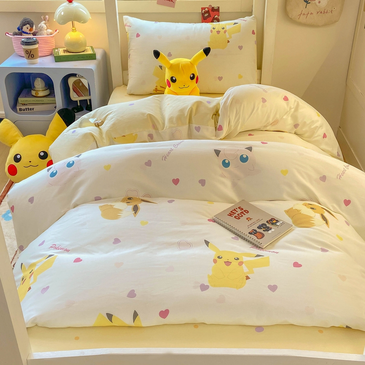 91家纺网 家纺一手货源 找家纺 博雅 2025新款宝可梦皮卡丘正版授权上下铺套件 小心心皮卡丘